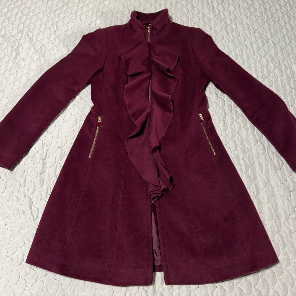 Tahari Wool Coat in Maroon with Gold Accent Zippers and Ruffle Detail, Size 4